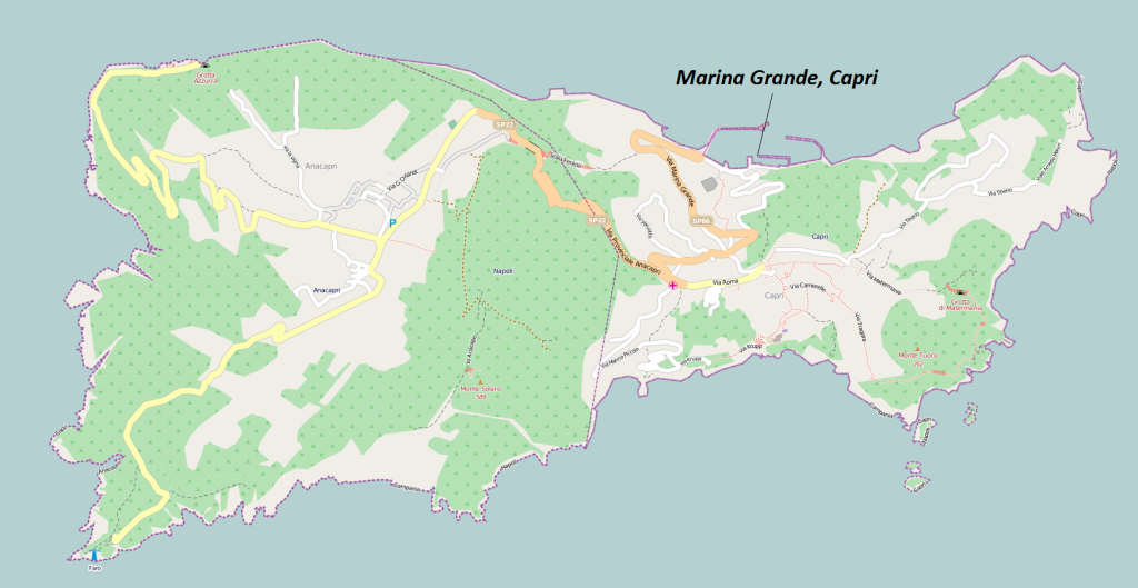 Capri Island Map shows the only port on the island (Marina Grande) together with location of the Blue Cave, Capri and Anacapri.